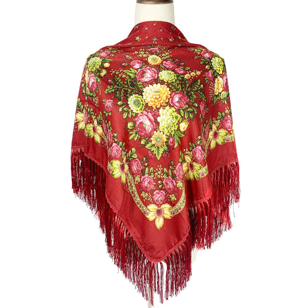 Women Retro Ukrainian Fringed Shawl Babushka Bandana Handkerchief Female Head Wraps Russian Floral Print Square Scarf