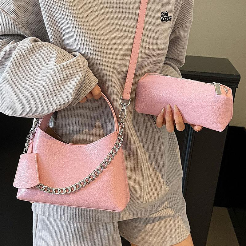 Korean Style Simple Trend Casual Lychee Pattern Texture Chain Portable Bucket Bag Temperament Versatile Commuter Style Messenger Bag