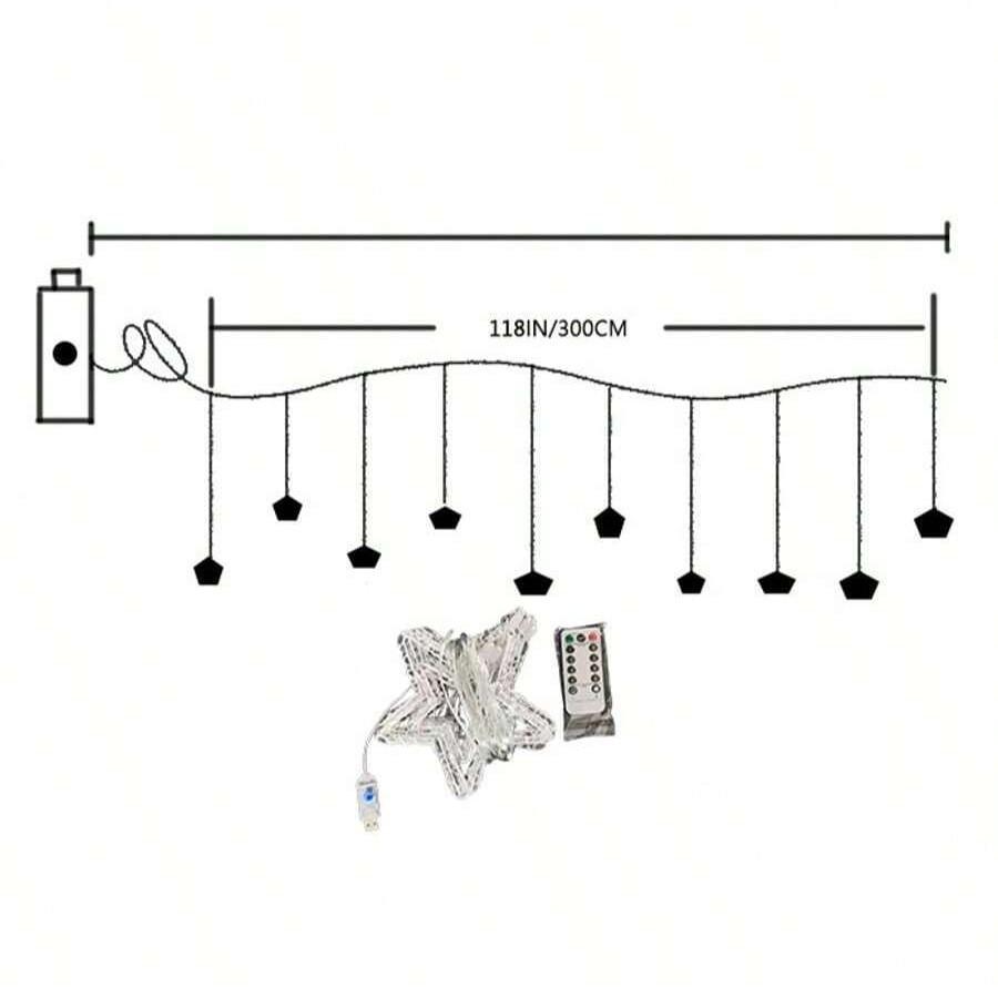 LED Star Moon Window Curtain Lights with USB Remote Control Christmas Five-Point Star Moon Snowflake String Lights