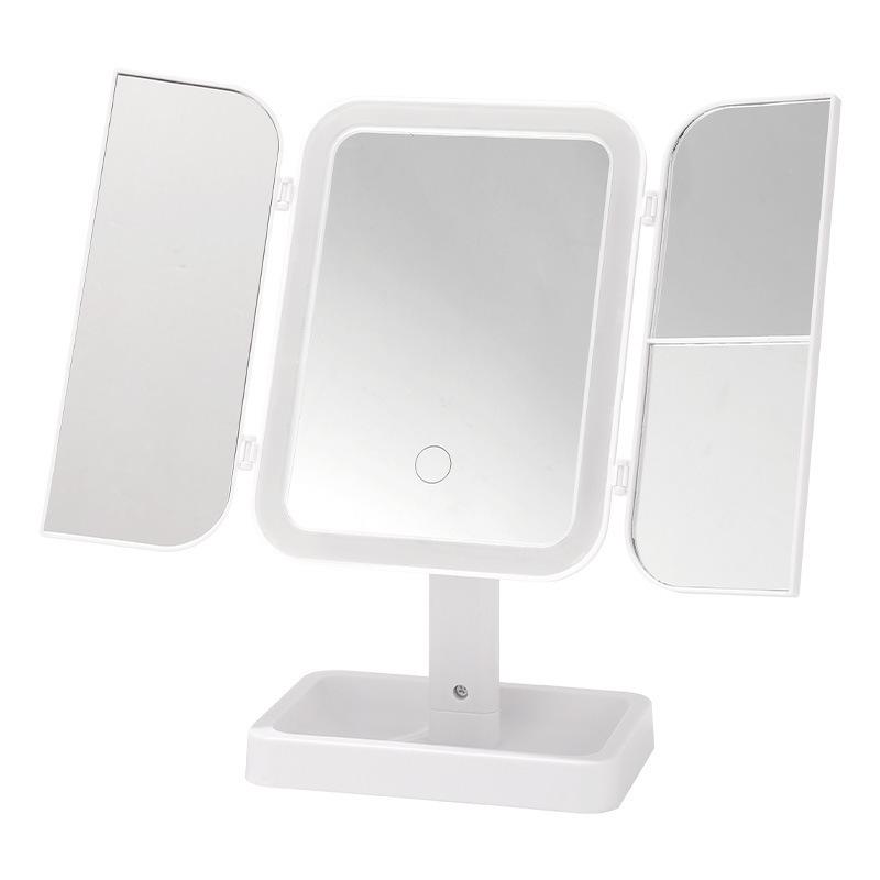 LED-Lit, Double-Sided, Triple-Fold Makeup Mirror with Rotating Desktop Stand and Three-Color Dimming for Girls