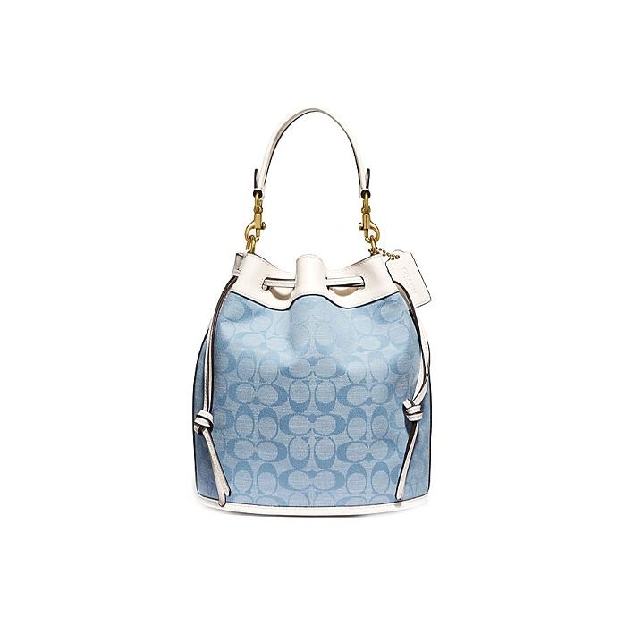 Coach 23 Frill Print Drawstring Canvas And Leather Tote Shoulder Crossbody Bag Medium Women Bags White Denim-Blue C4693-B4SUX