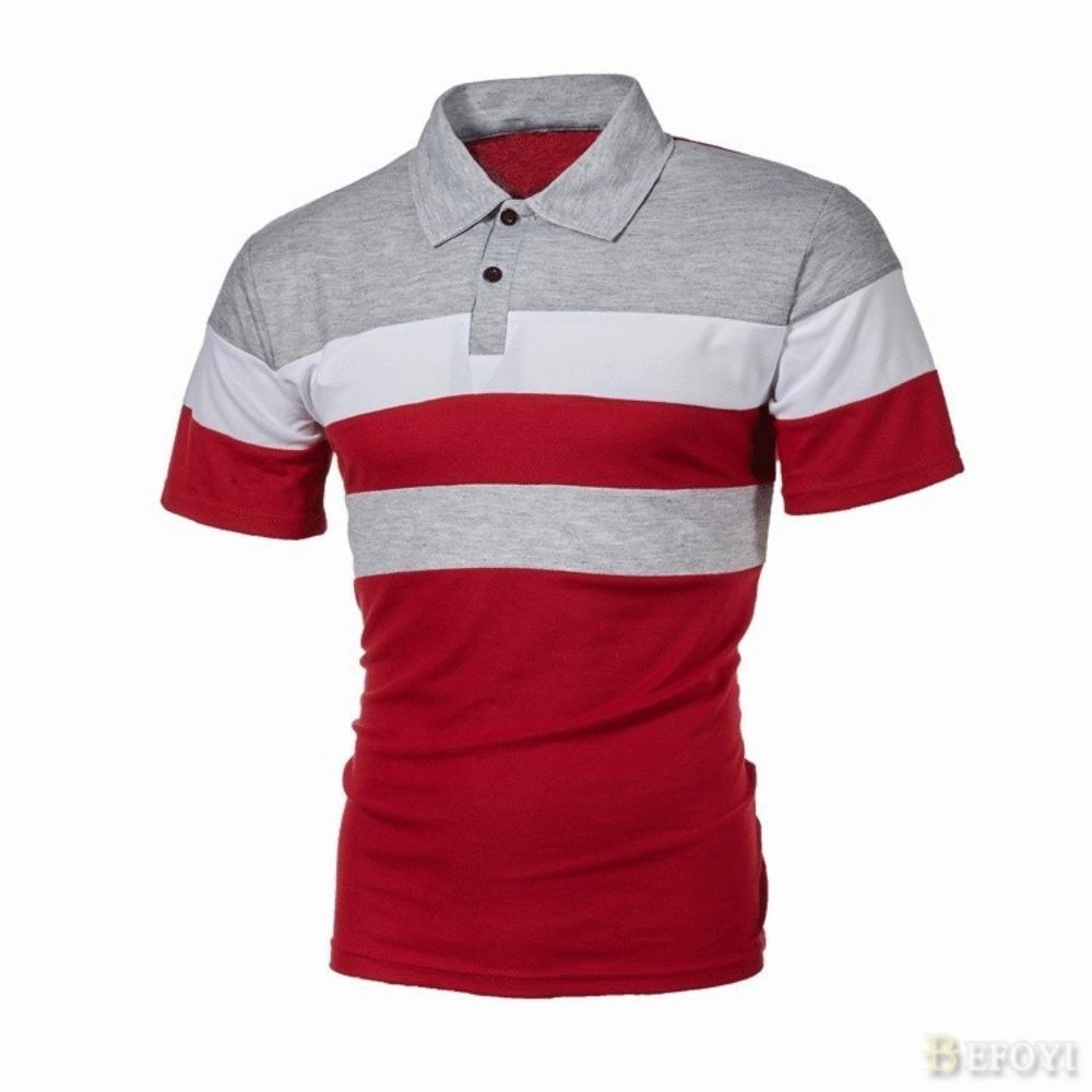 Men's Polo Shirt Short Sleeve Striped Casual Loose Color Block Fashion Collar Top