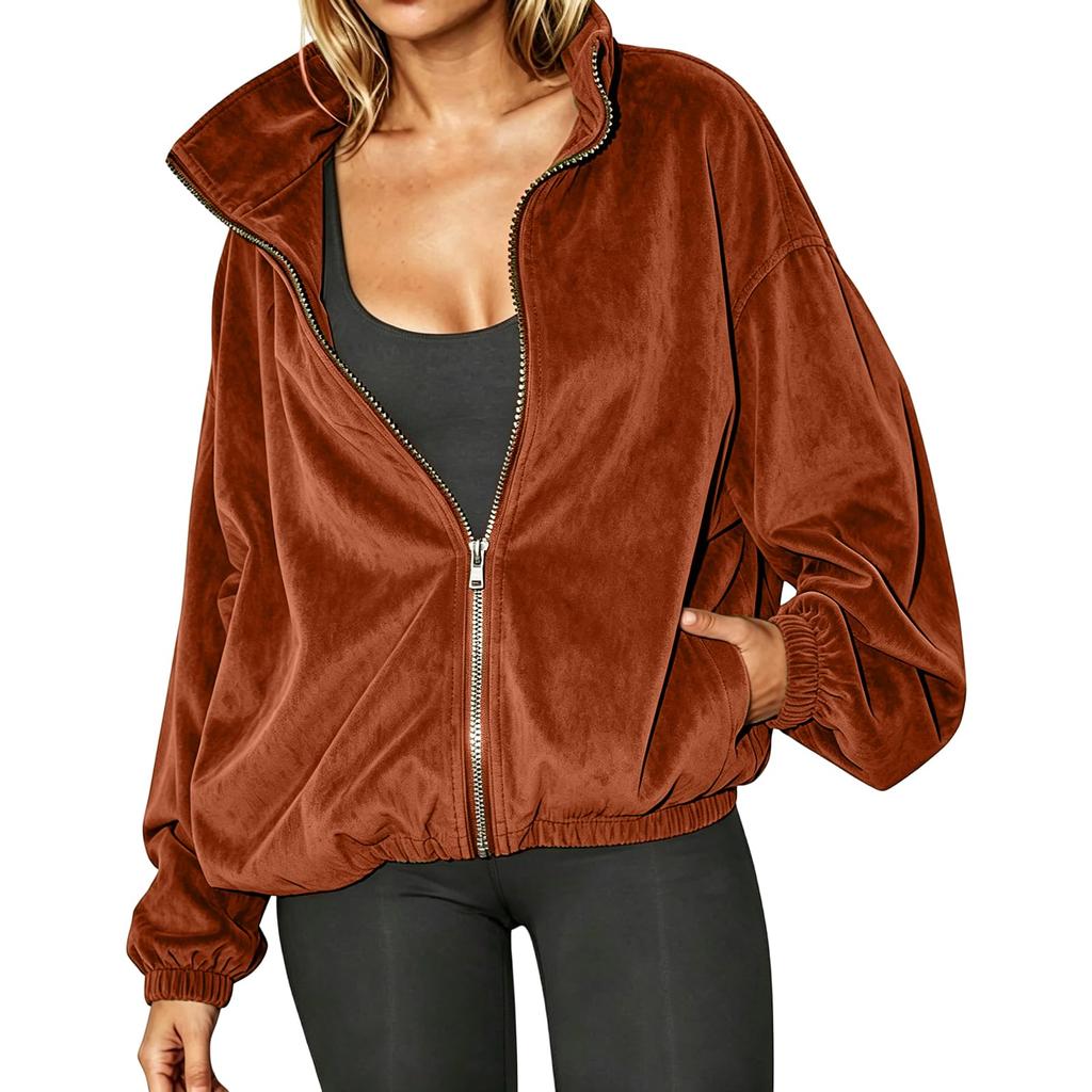 Damen Kapuzenpullover mit Reißverschluss Stehkragen Farbe Langarm Lässige Jacke Oberbekleidung