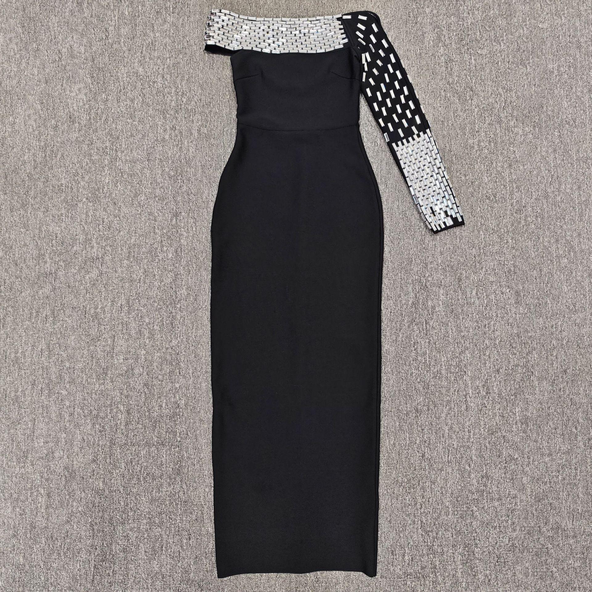 

European & American Rhinestone One-Shoulder Bodycon Bandage Dress XL чорний