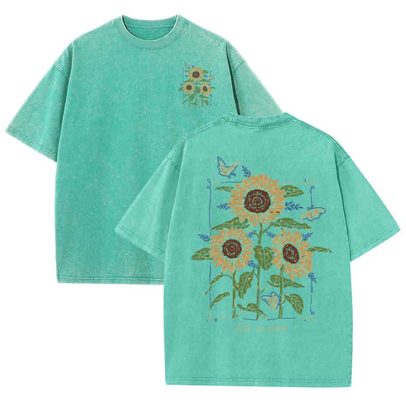 Lift Is Good Beautiful Sunflower Print Washed T Shirts Women Soft Cotton T-Shirt Street Creative Short Sleeve Summer Tops