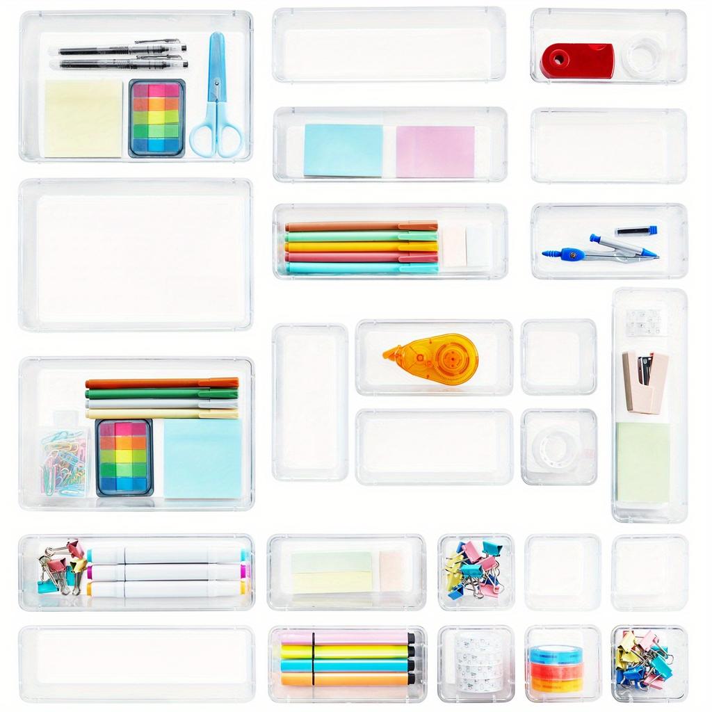 [Clear Plastic | Organizer] 25pcs Clear Plastic Drawer Organizer 4 Sizes Vanity Drawer Dividers Storage Separation Bins for Make Up Kitchen Utensils