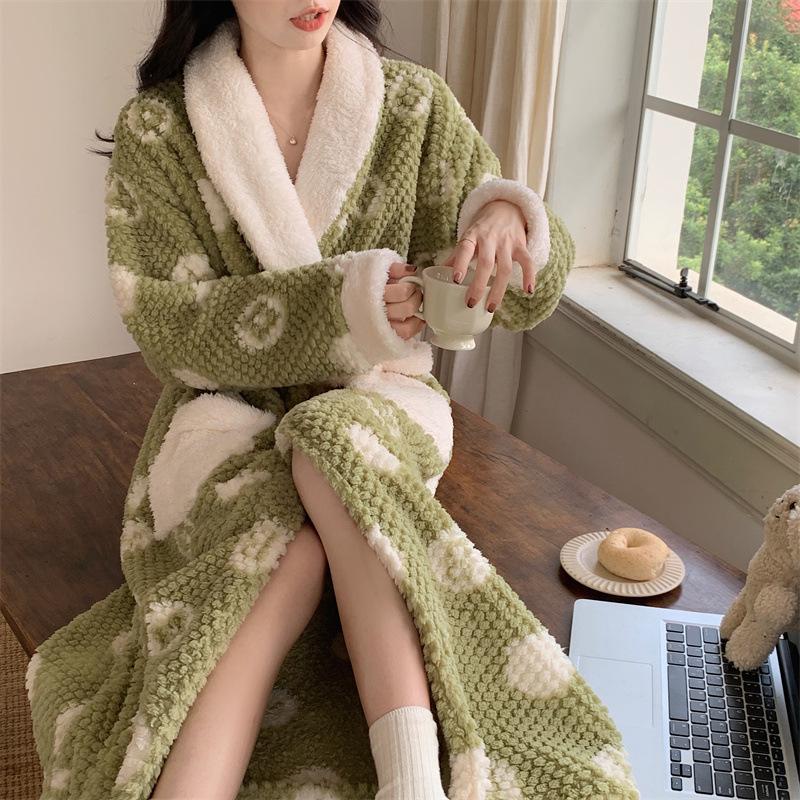 Autumn/Winter Women's Coral Fleece Bathrobe: V-neck, Belted, Long Sleeves, Mid-length, Sweet Style, Warm Homewear.