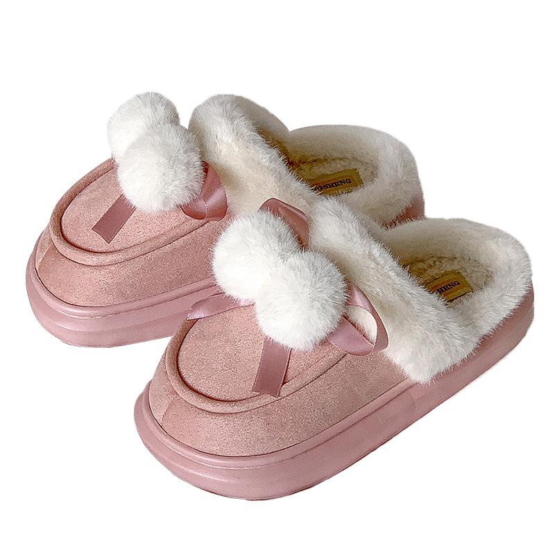 New Hairy Double Ball Bow Home Cotton Slippers Winter Indoor Velvet Warm Non-slip Slippers Can Be Worn Outside