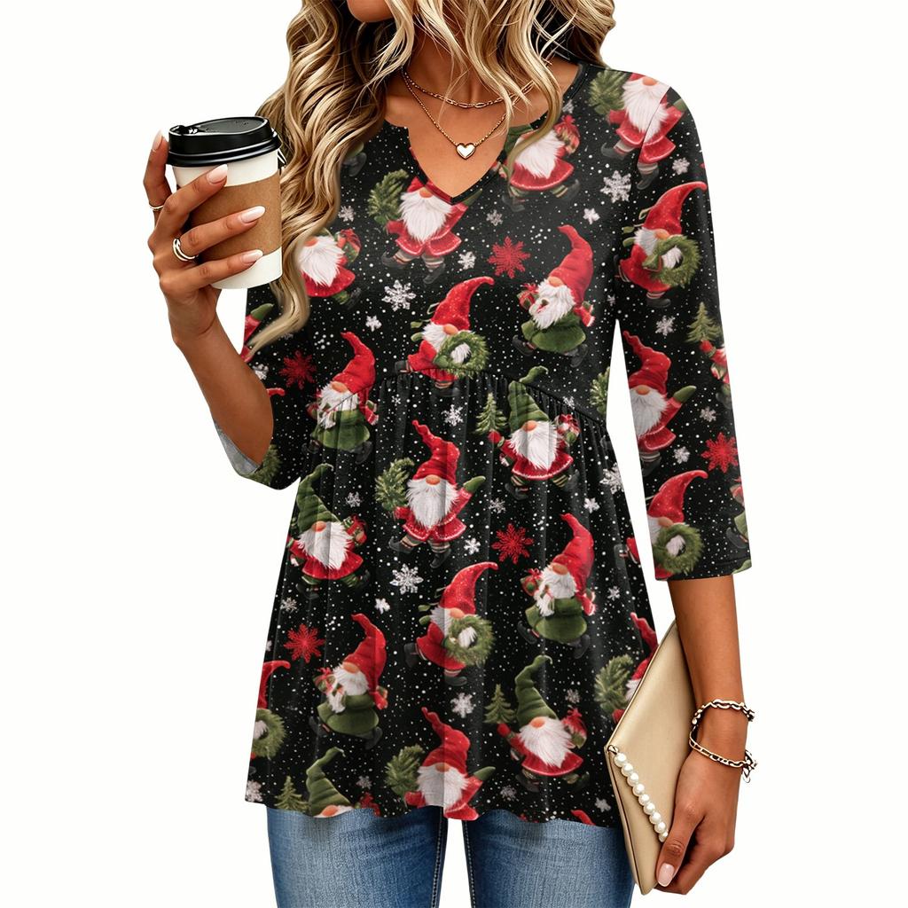 Women's Casual Christmas Print V-Neck Three-Quarter Sleeve Shirt