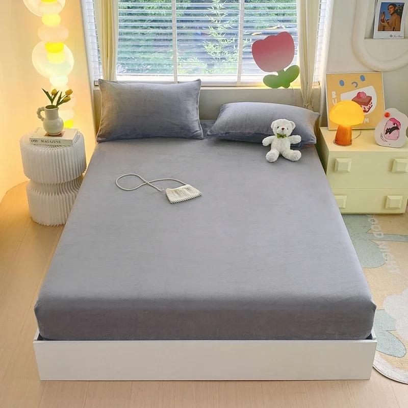 

2025 New Milk Velvet Fitted Bed Sheets Bedspread Mattress Dust Cover Pure Color Suitable for Bedroom Warm Casual Bed Sheet 99x190x25cm 1pcs