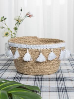 Vintage Jute Woven Storage Basket Nordic Home Cotton Thread Tassel Sorting Box Weaved Organizing Bin for Living Room Decor