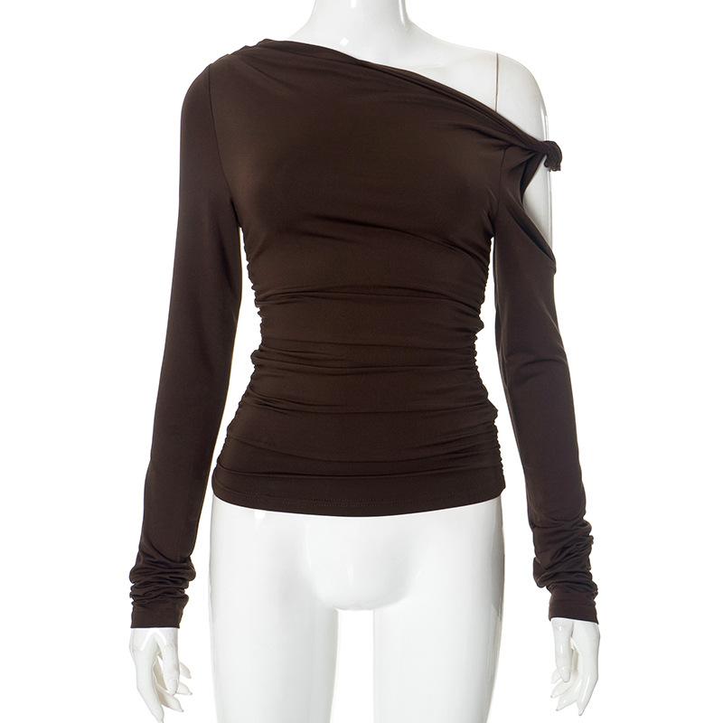 

YYFS Женская мода Повседневная весна-осень Однотонный принт Длинный рукав Косой воротник Блузки и рубашки S коричневый