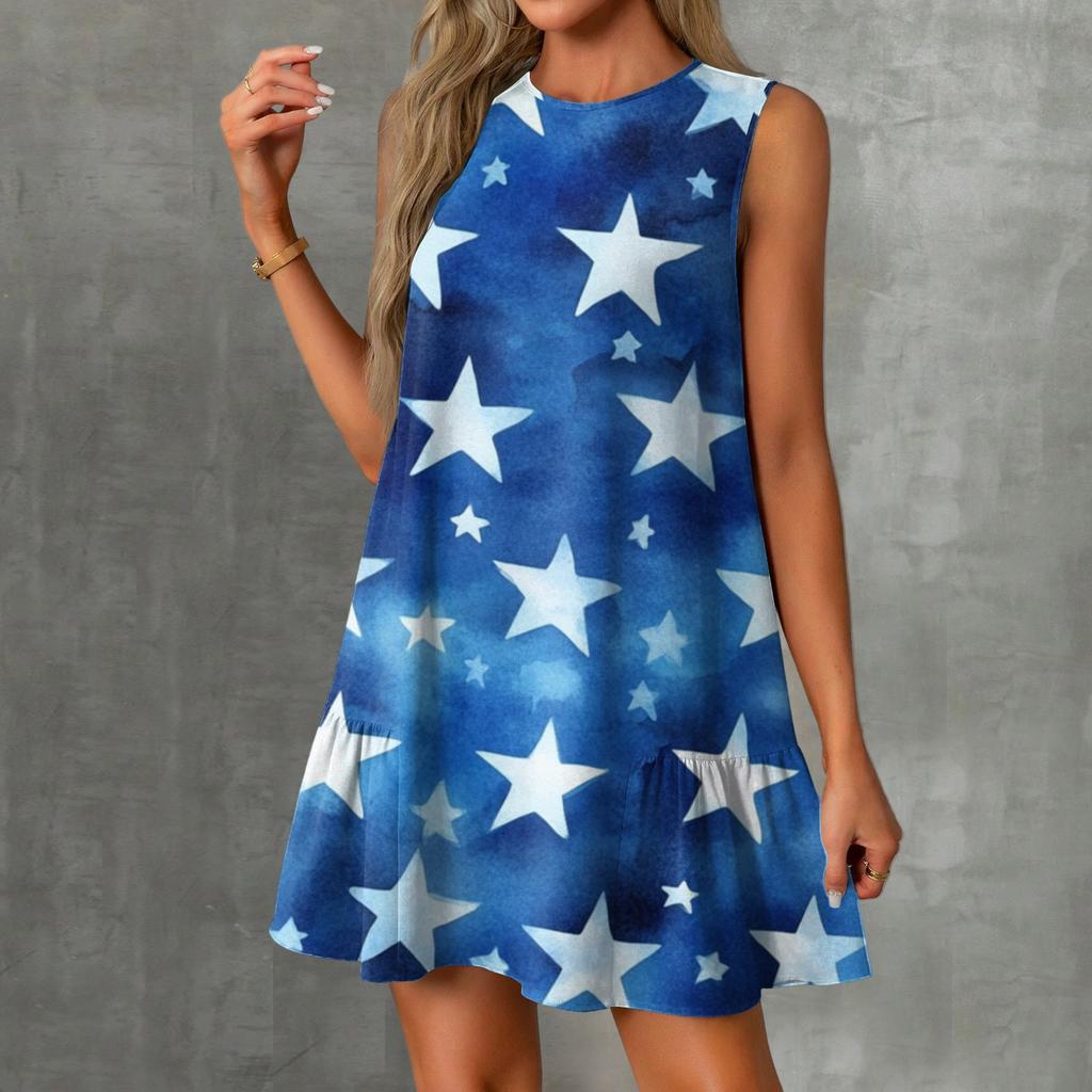 Women's Fashion Casual Sleeveless Round Neck Ruffle Independence Day Printed Dresses