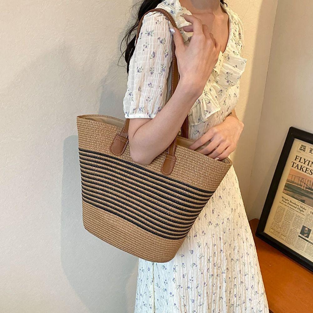 Fashion Straw Woven Tote Bag Square Stripe Woven Shoulder Bag Underarm Bag Large Capacity Vacation Beach Bag Women's Handbags