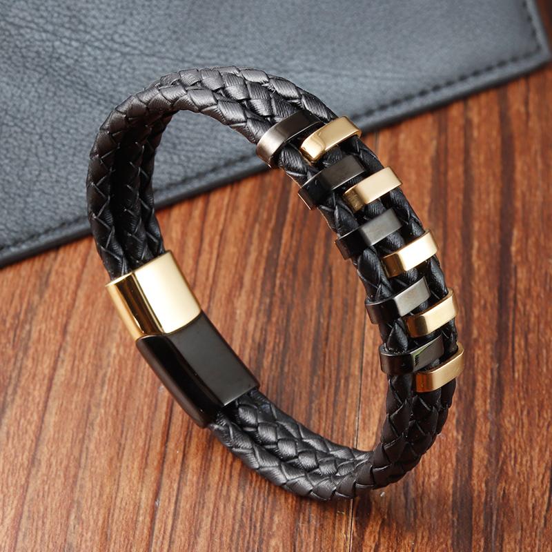New Trendy Chain Men Bracelet Classic Stainless Steel Multilayer Braided Rope Leather Bracelet For Men Charm Jewelry Gifts