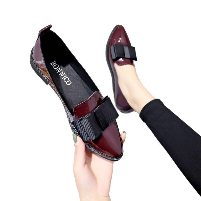 Spring Bow Pointed Casual Low-top Single Shoes Women's Flat Bottom Shallow Mouth Simple Foot Cover Commuter Women's Leather Shoes