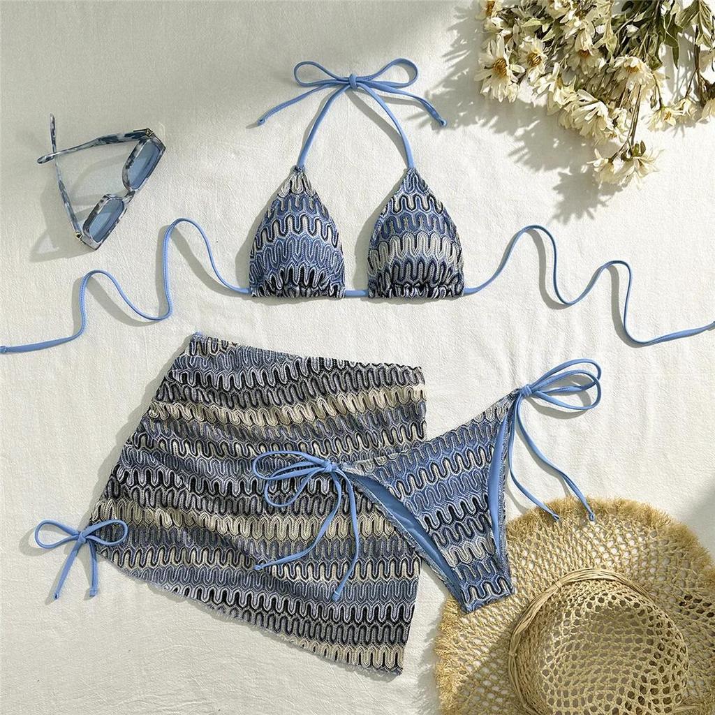 Printed With Skirt Halter Strappy Bikini Female Swimsuit Women Swimwear Three-pieces Bikini set Bather Bathing Suit Swim
