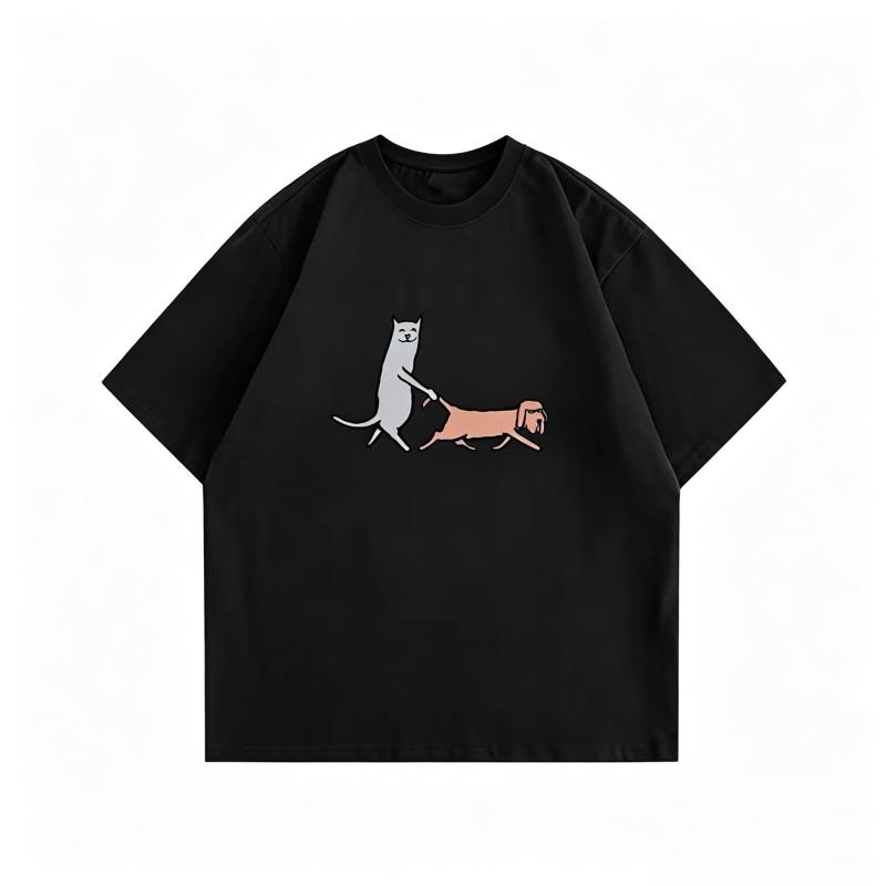 ZAZOMDE Graphic Tee Cute Sketch Cat and Dog Pattern Soft Cotton Oversized TShirts Unisex Summer Aesthetic Streetwear Daily Outfit