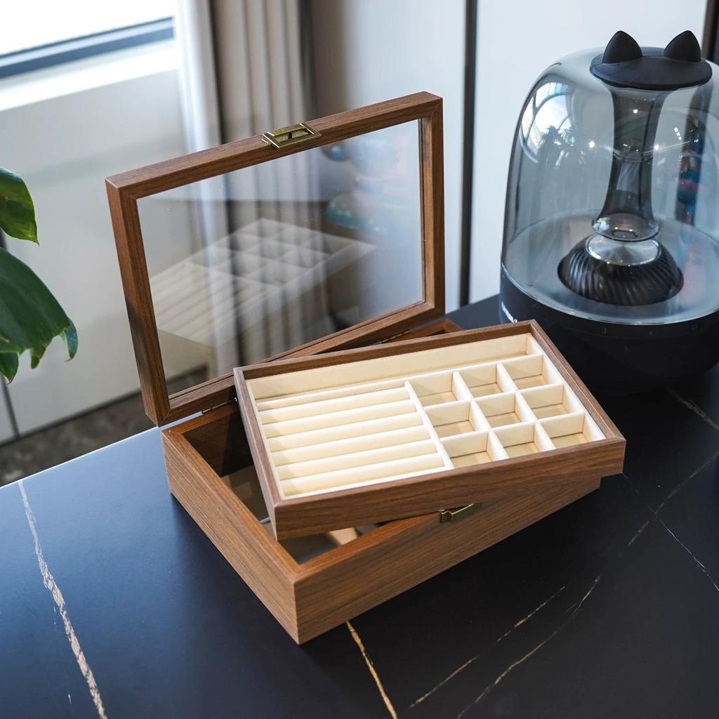 Walnut Grain Jewelry Organizer with Glass Lid - Anti-Oxidation Storage for Earrings, Rings, and Bracelets