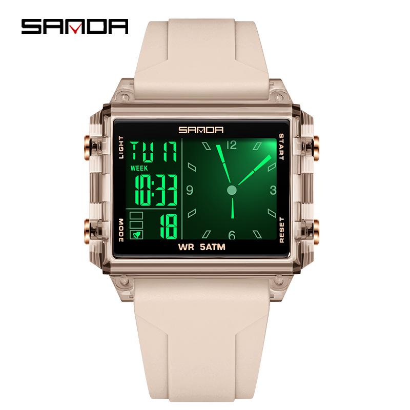 Sanda Transparent Electronic Square Watch with Large Dial for Students - Multifunctional Countdown Sports Wristwatch
