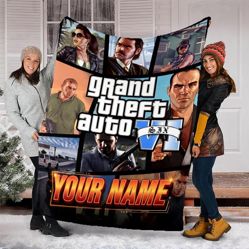 1pc Personalized Name GTA Theme Blanket - Digital Print, Polyester, Cozy for All Seasons, Perfect for Outdoor, and Travel