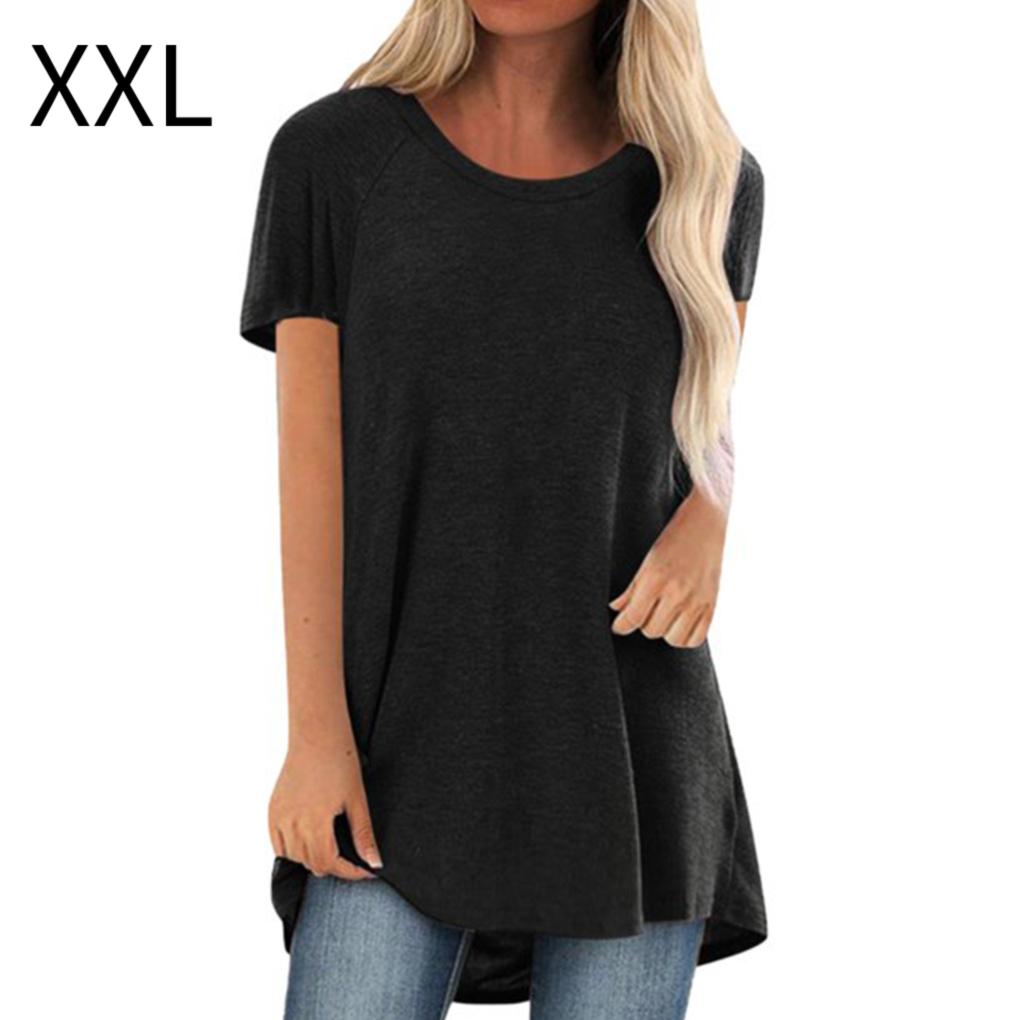 Women T-shirt Round Neck Short Sleeve Top Solid Color Casual T Shirt
