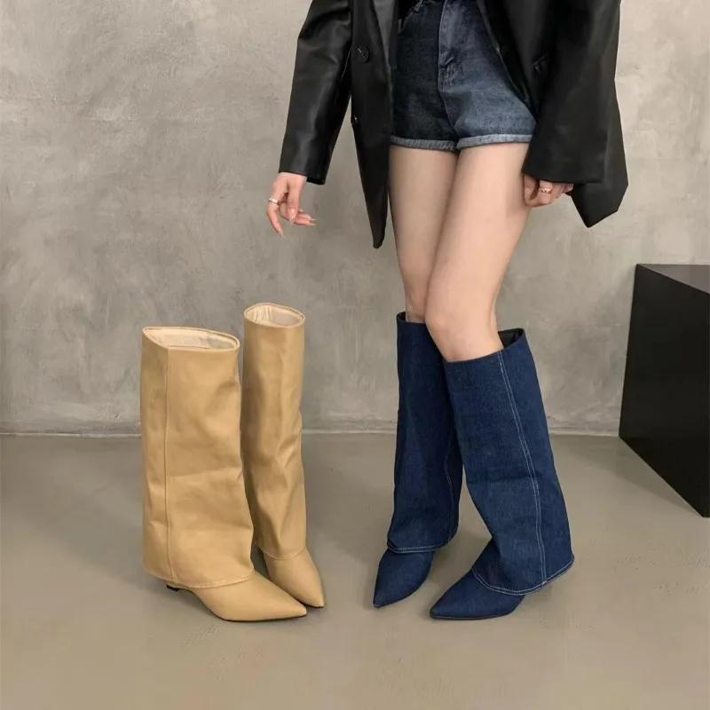 Pointed Toe Slope Heeled Pants Leg Boots  New Autumn Winter Women Vintage Knee-High High-Heeled Western Cowboy Boots Female