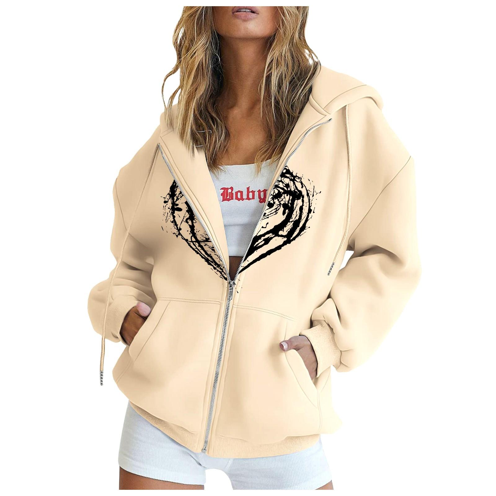 Женская мода Свободная повседневная куртка-свитер с капюшоном и длинным рукавом с принтом L