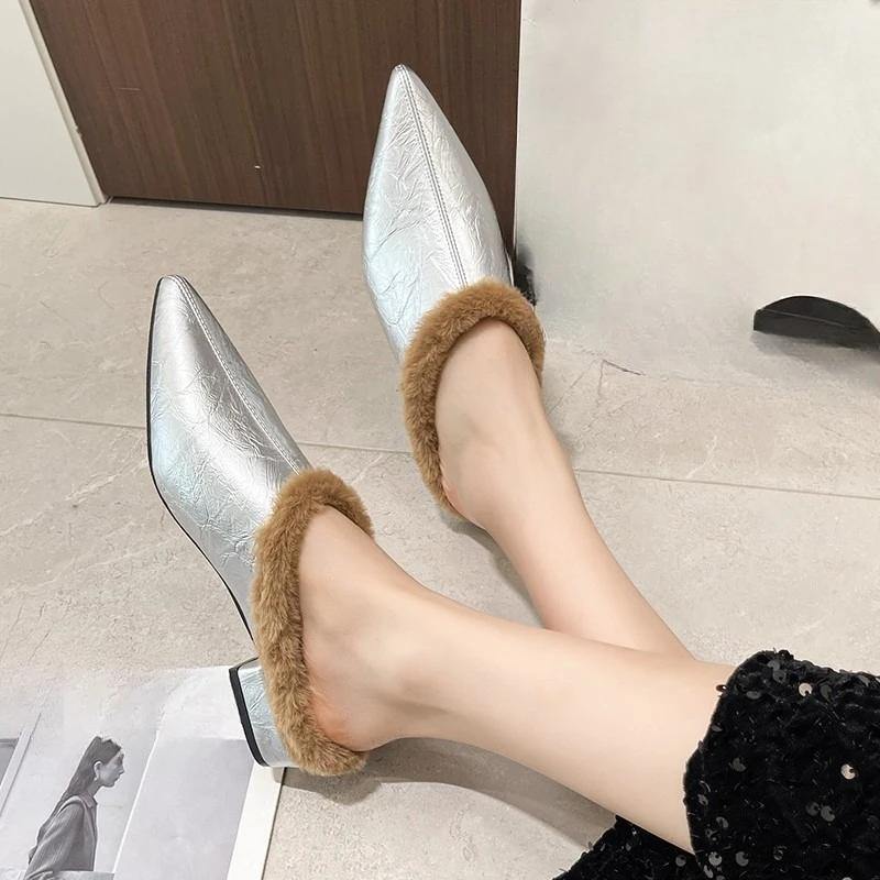 Winter New Pointed Toe Deep Mouth Soft Sole Non-slip Padded Velvet Soft Sole Block Heel Shoes Baotou Slippers
