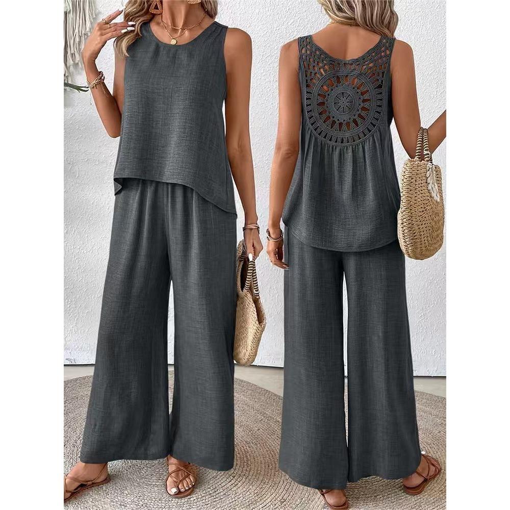 Set da donna casual alla moda, tinta unita, schiena con intaglio floreale, elegante, due pezzi