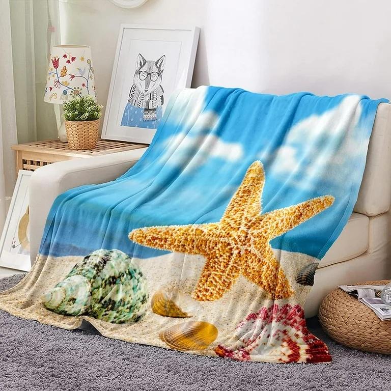 Beach Throw Blanket, Ocean Beach Theme Seashell Travel Blanket for Living Room Sofa Bed Office Soft Cozy Plush Flannel Blanket