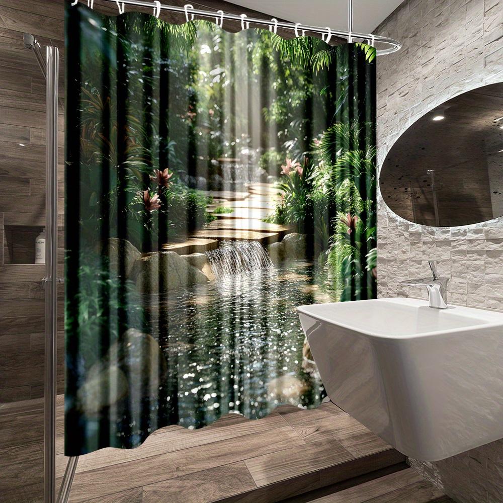 1pc Tropical Garden Shower Curtain - Jungle Bathroom Decor with Waterfall, Large Bath Curtain (70.8x70.8 Inches), Machine Washab