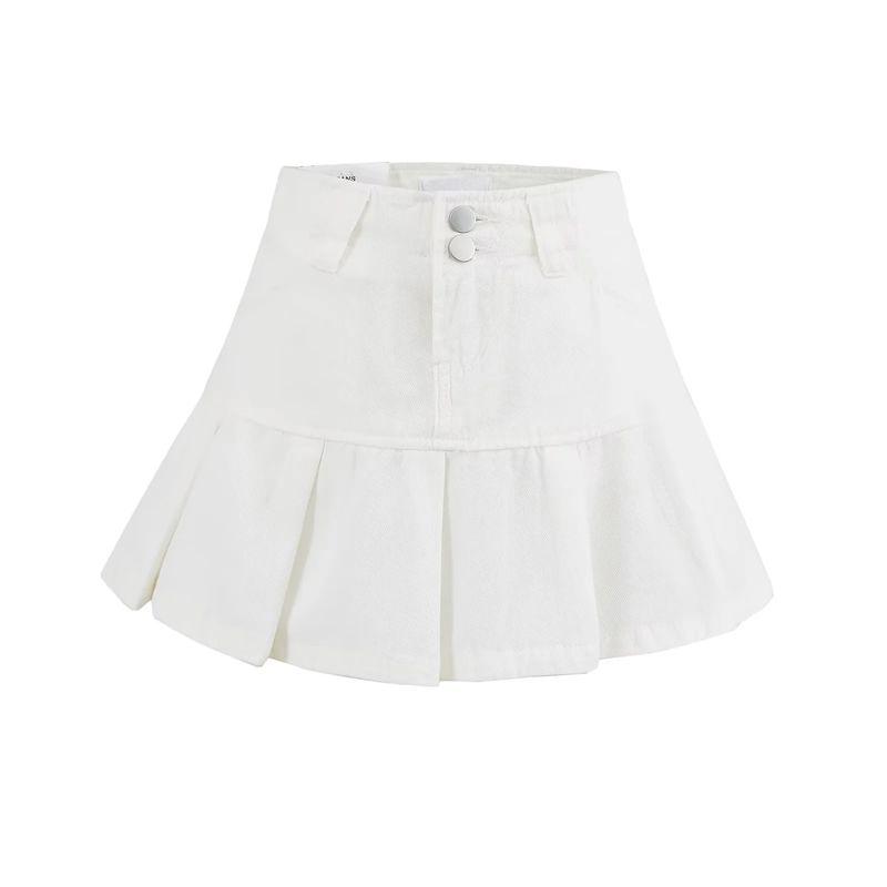 Summer New Product Women's Clothes American Sexy Style Two-Button Pleated A- line High Waist Slimming and Short Denim Skirt