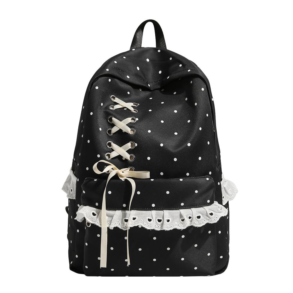 Kawaii Rosa Gepunkteter Spitzenrüschen-Rucksack für Mädchen Japanischer JK-Stil Kreuzschnürung Schultasche für Grund- und Mittelschüler Niedliche Reisetasche