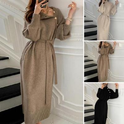 Herbst-Winter-Damenkleid, gestrickt, hoher Kragen, Nackenschutz mit Gürtel, lange Laternenärmel, knöchellang, Knopfdekor, einfarbiges Maxikleid