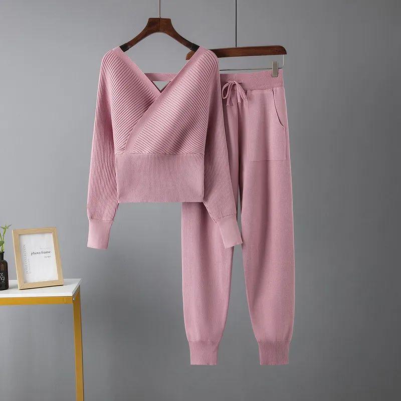 Cross-Border Set Autumn New Amazon Sexy V-neck Sweater + Leisure Sweat pants Two-piece Set Women