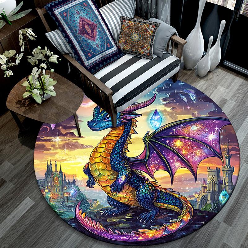 Fantasy Dragon Castle Round Area Rug,Carpet Rug for Living Room Bedroom Sofa Playroom Decor,Non-slip Floor Mat