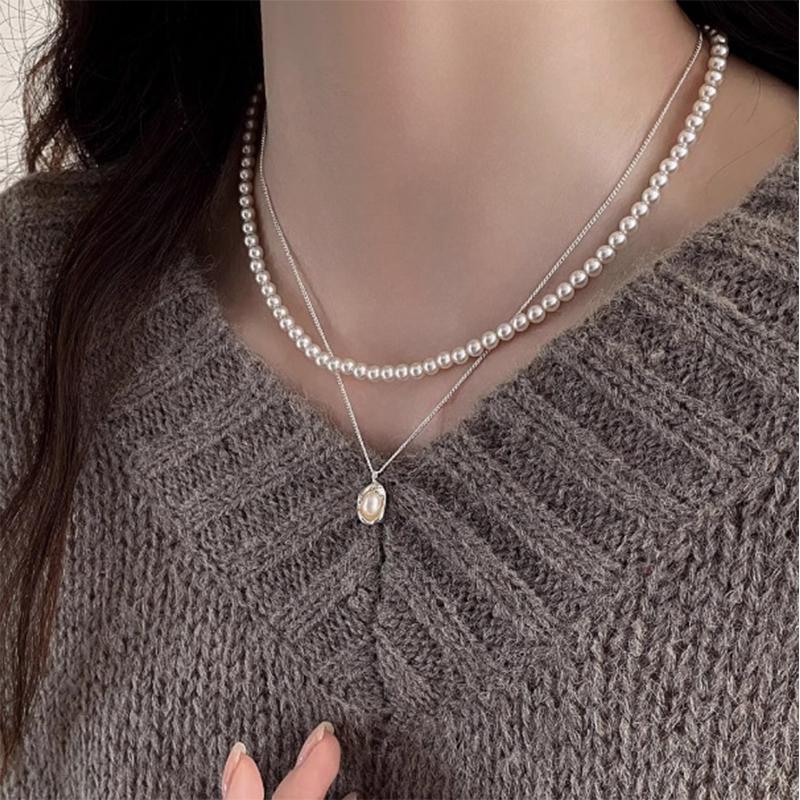 Layered Chain Necklace with Oval Pendant – Gold Tone Minimalist Double Layer Choker for Women, Dainty Everyday Jewelry Gift серебряный