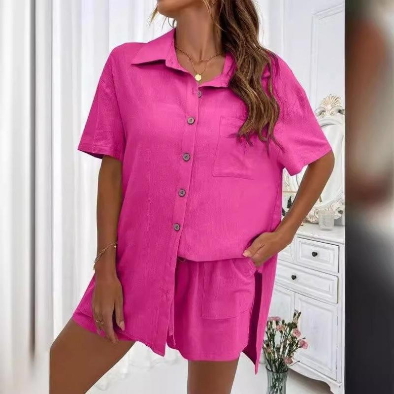 Women's New Fashion Casual Two-Piece Solid Color Loose Shorts & Short-Sleeved Shirt Set