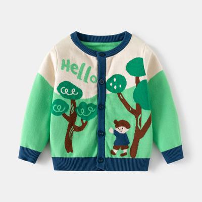 Autumn New Children's Clothing Boys Chest Sweater Pastoral Children's Double-layer Cotton Thread Cartoon Knitted Cardigan Tide