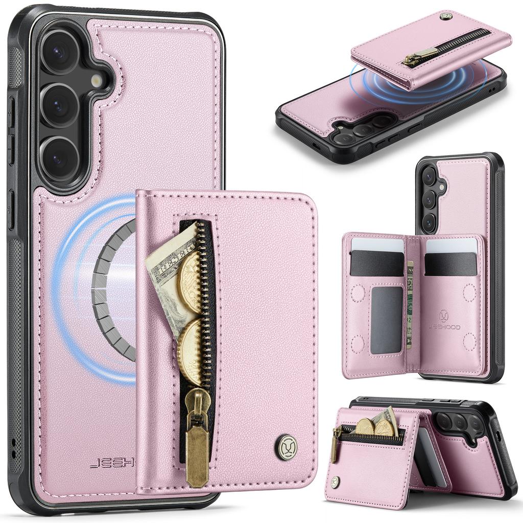 For Samsung Galaxy S26 Case JEEHOOD J12 Magnetic Detachable Zipper Wallet Kickstand Leather Back Cover Compatible with MagSafe