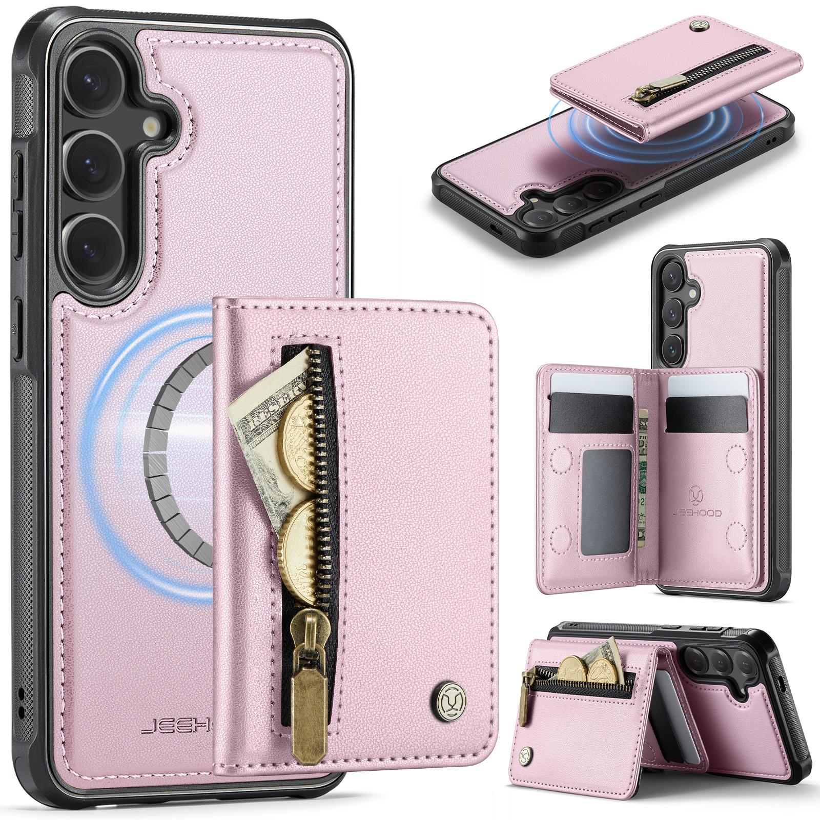 

For Samsung Galaxy S25+ Case JEEHOOD J12 Magnetic Detachable Zipper Wallet Kickstand Leather Back Cover Magnetic Case