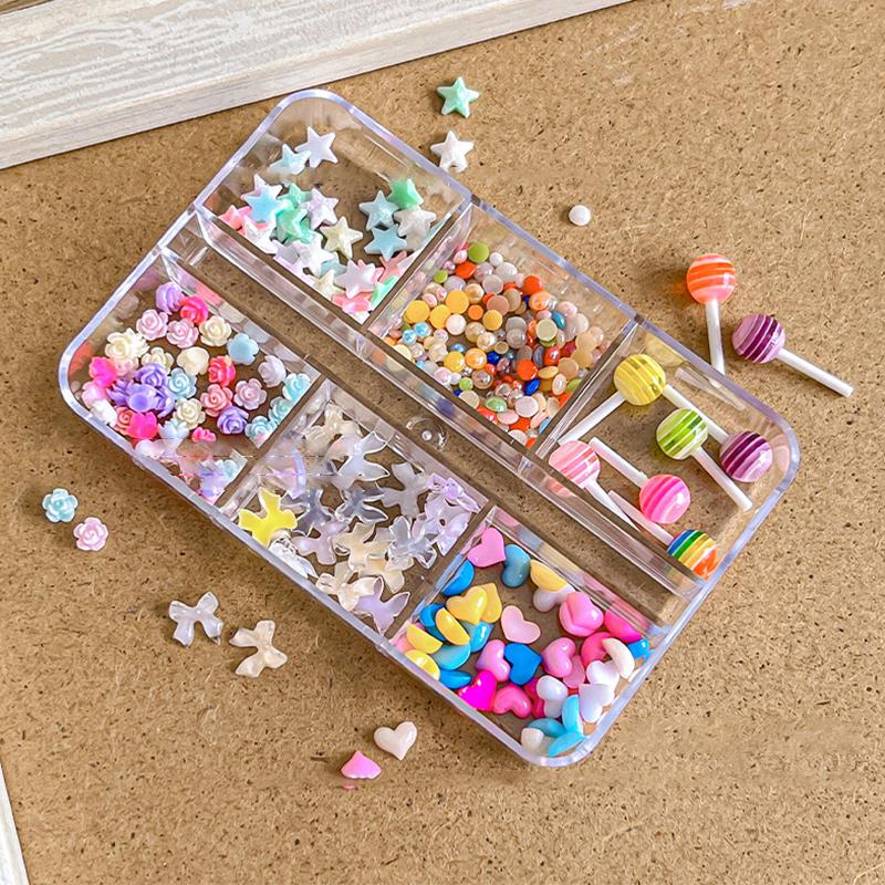 6 Grid Colorful Love Rose Resin Nail Art Charms Nail Bow Flakes Sequins Decoration Manicure Accessories Nail Salon Supply Diy