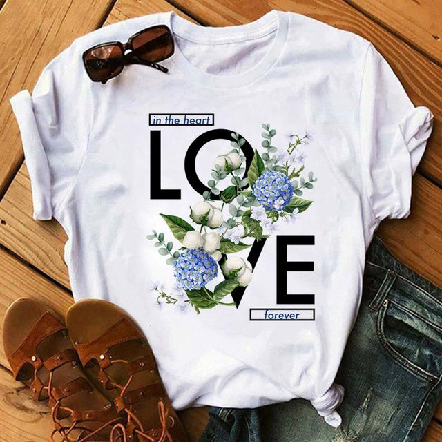 Fashion Women T Shirt Flower Printed T Shirt Casual Black Tops 90s Ladies Girl Tee Shirt Female Harajuku Graphic T -Shirt