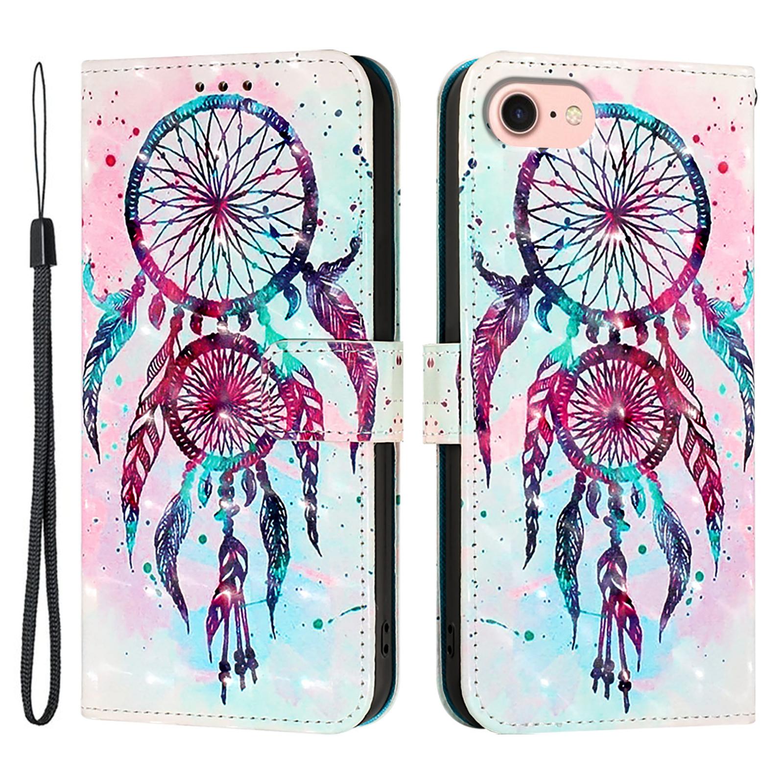 

For iPhone 16e Leather Case Pattern Printing Wallet Stand Mobile Cover with Strap Colorful Wind Chime