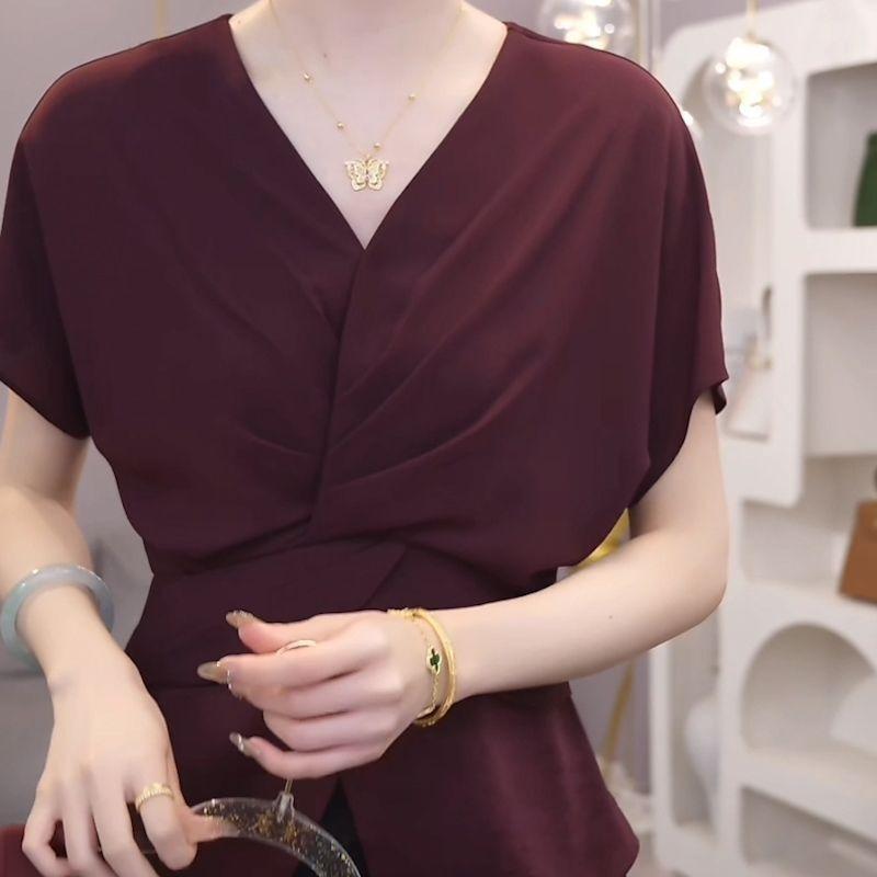 Kurzarm T-Shirt Damen Sommer Neu Koreanisch Schlanke Taille Plissiert V-Ausschnitt Temperament Vielseitig Schulterfrei Uni Oberteil