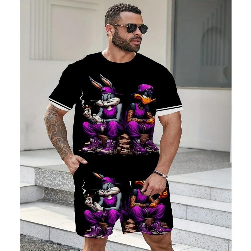 

2025 Летний спортивный комплект из 2 предметов для мужчин, футболка с короткими рукавами и принтом в виде цветных блоков, шорты, комплект для бега, для улицы, для мужчин, светлый 2XL