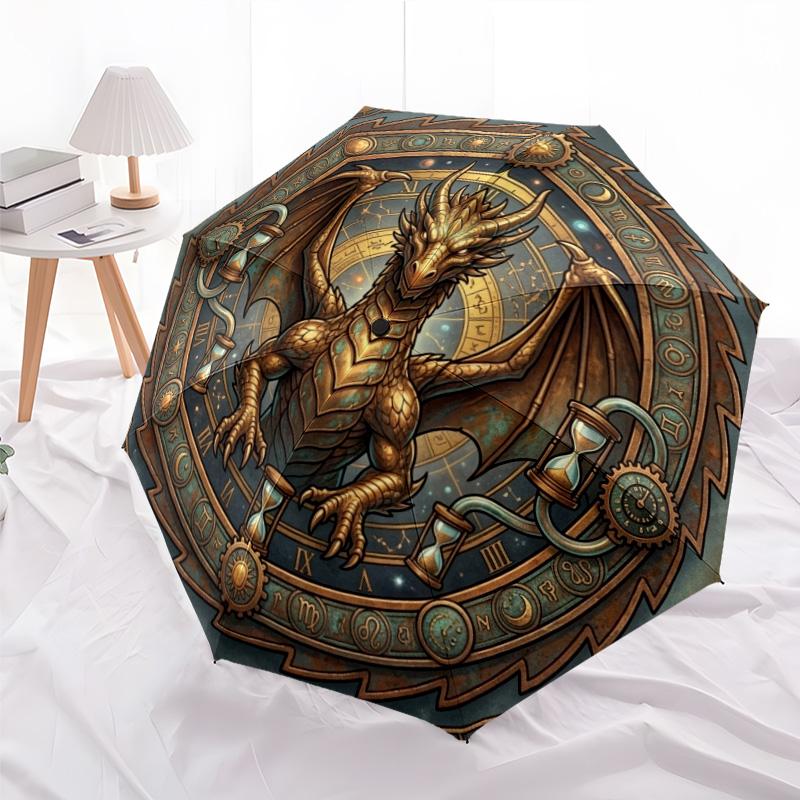 Steampunk Dragon Zodiac pattern umbrella, portable and foldable design, 8 ribs, a casual accessory for Halloween, Christmas, and birthday gifts.