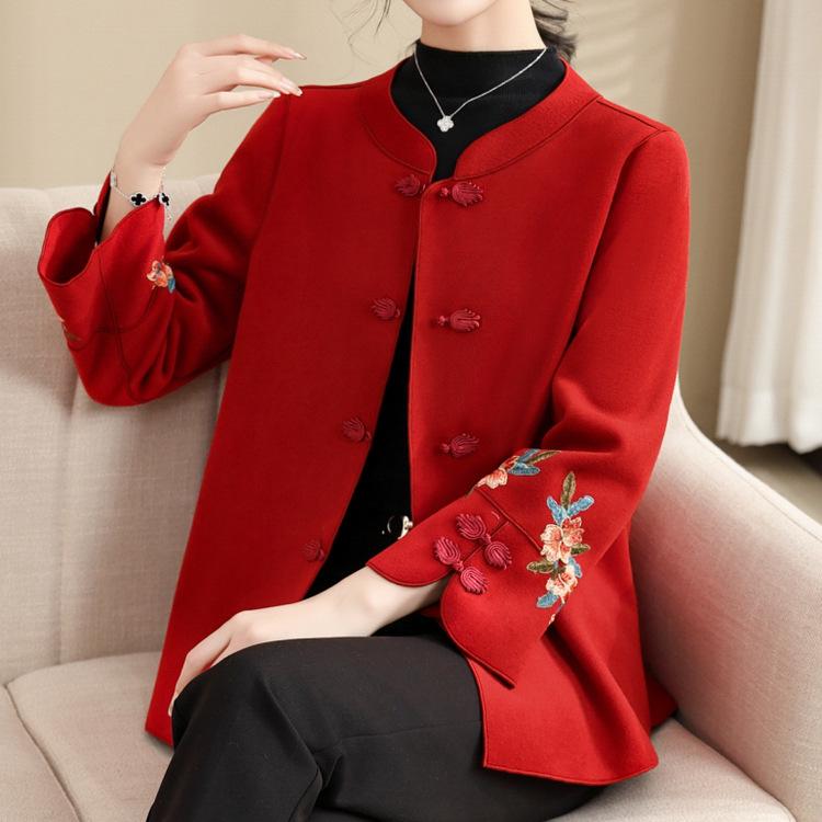 Mom's Autumn Woolen Coat Middle-aged Women's Autumn and Winter Wedding Dress Middle-aged and Elderly Mother-in-law's Red Coat Embroidered