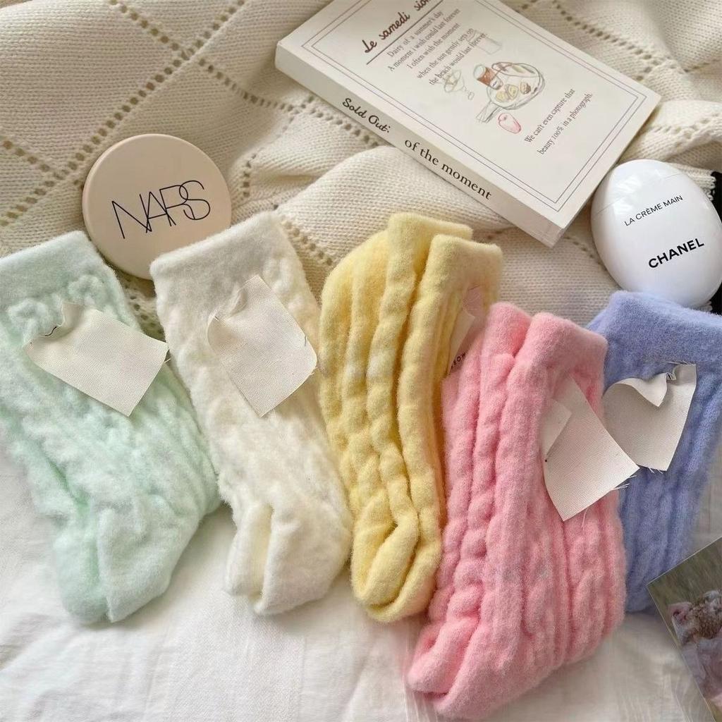 New Soft and Fluffy Fluffy Socks Autumn Winter Thicken and Thickened Macaron Color Mid Calf Sock for Cold Protection Solid Color